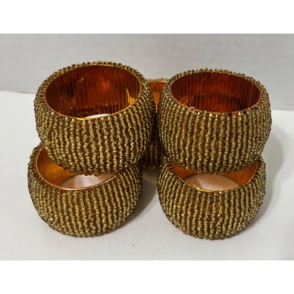 Beaded Gold Napkin Rings With Metallic Interior Set of 5 Christmas Seed Beads - Picture 2 of 5
